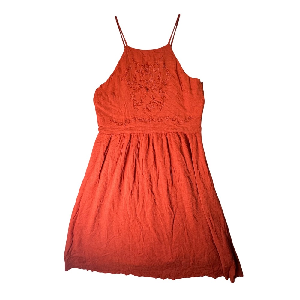 Forever 21 Embroidered Halter Mini Dress Boho Floral Rust Orange Size M Earthy